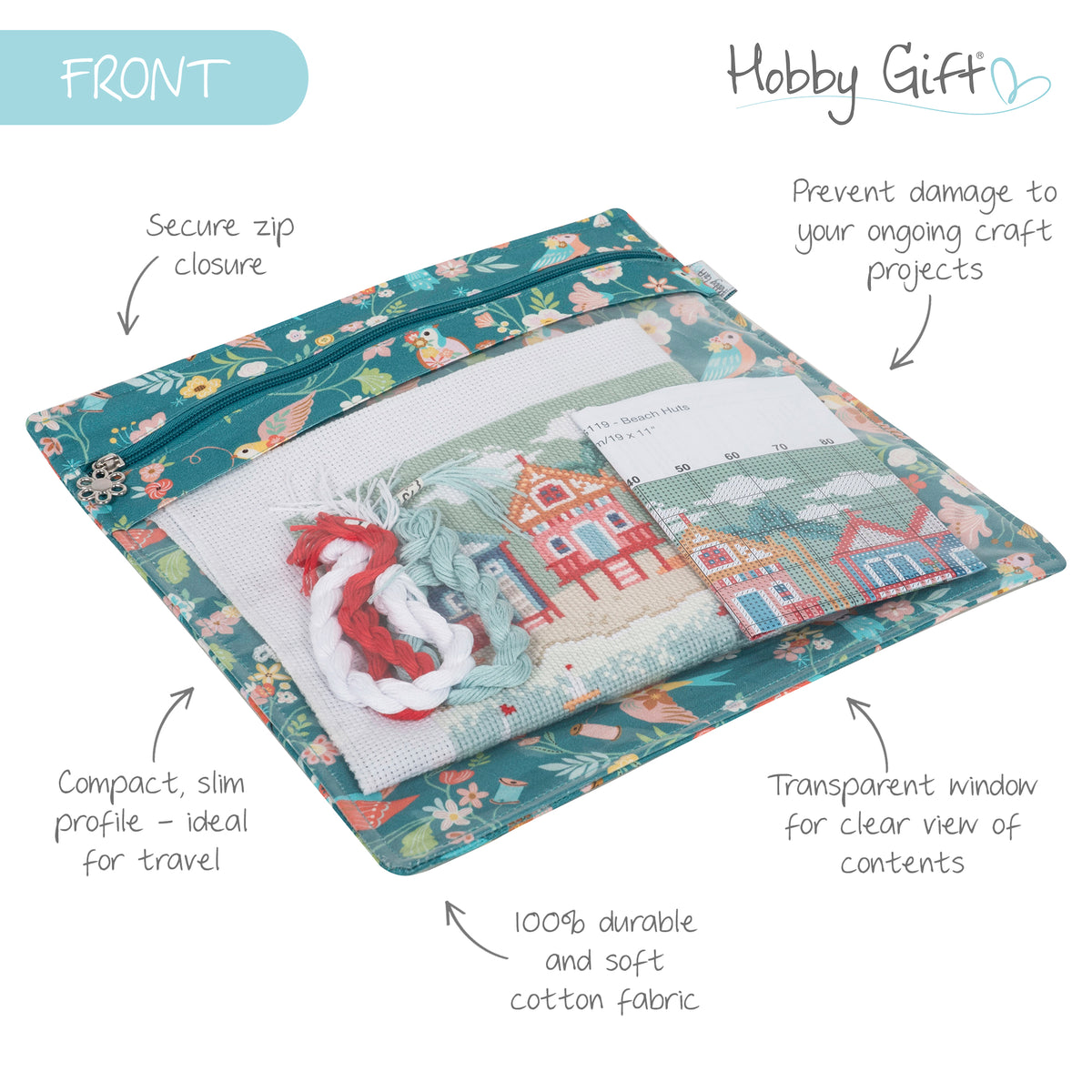 Large Bird Aviary print project pouch with clear front pocket