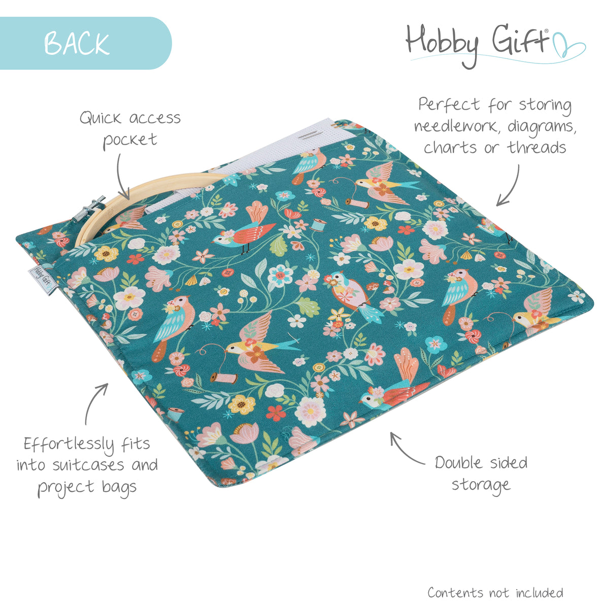 Large Bird Aviary print project pouch with clear front pocket