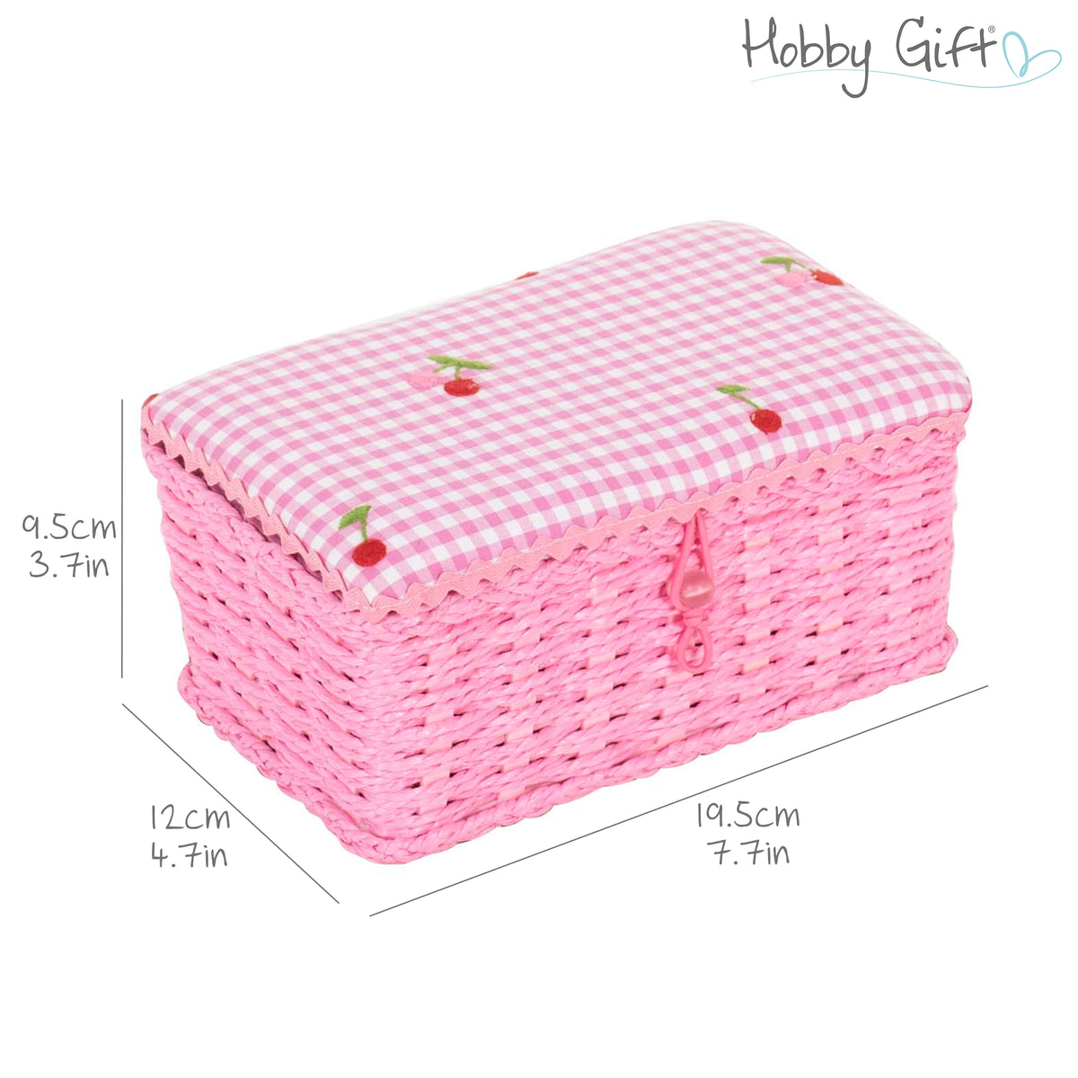 Small wicker sewing basket with gingham cherry lid