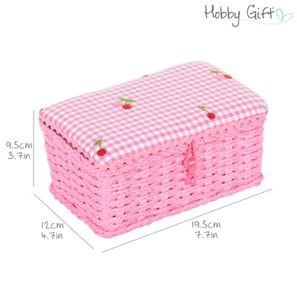 Small wicker sewing basket with gingham cherry lid