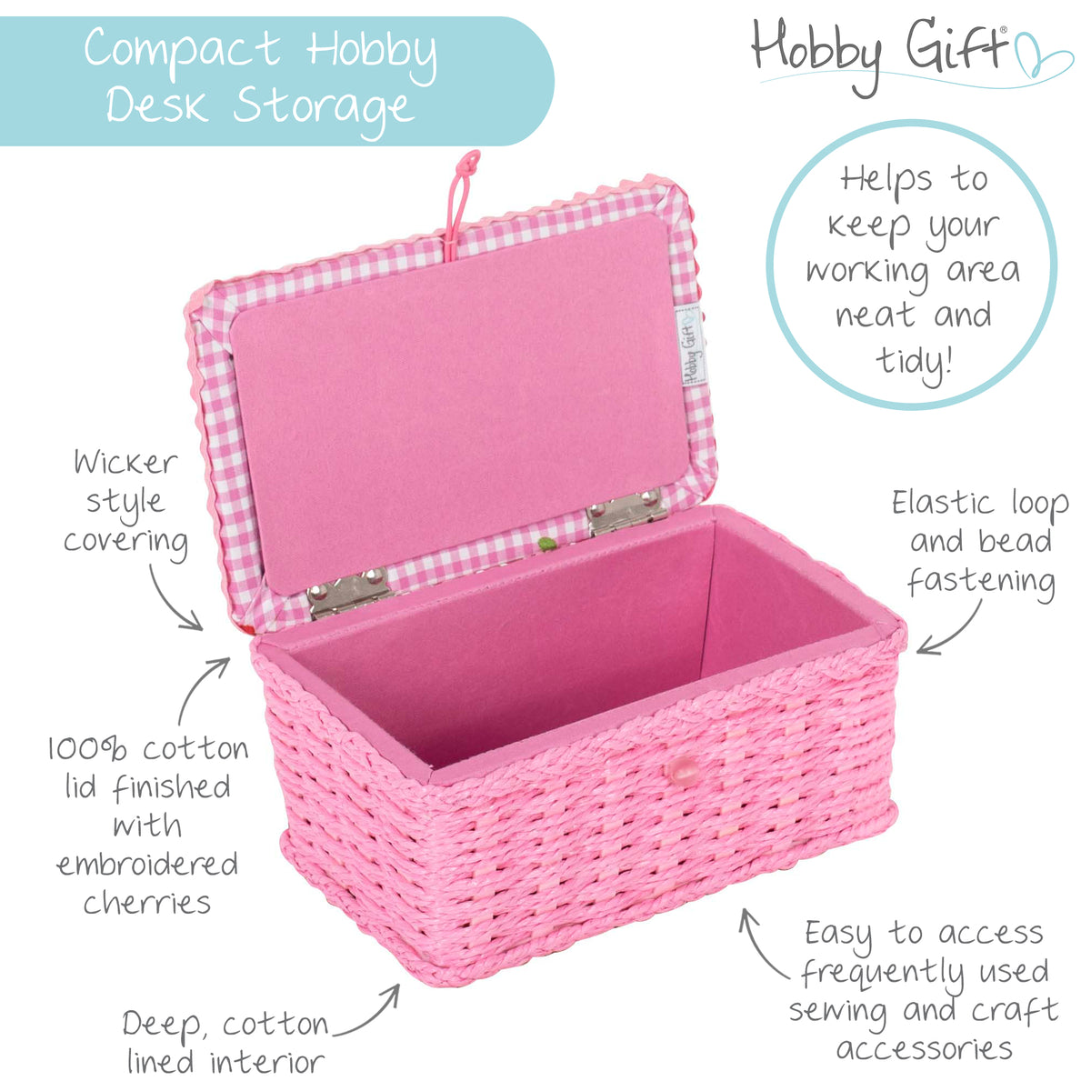 Small wicker sewing basket with gingham cherry lid