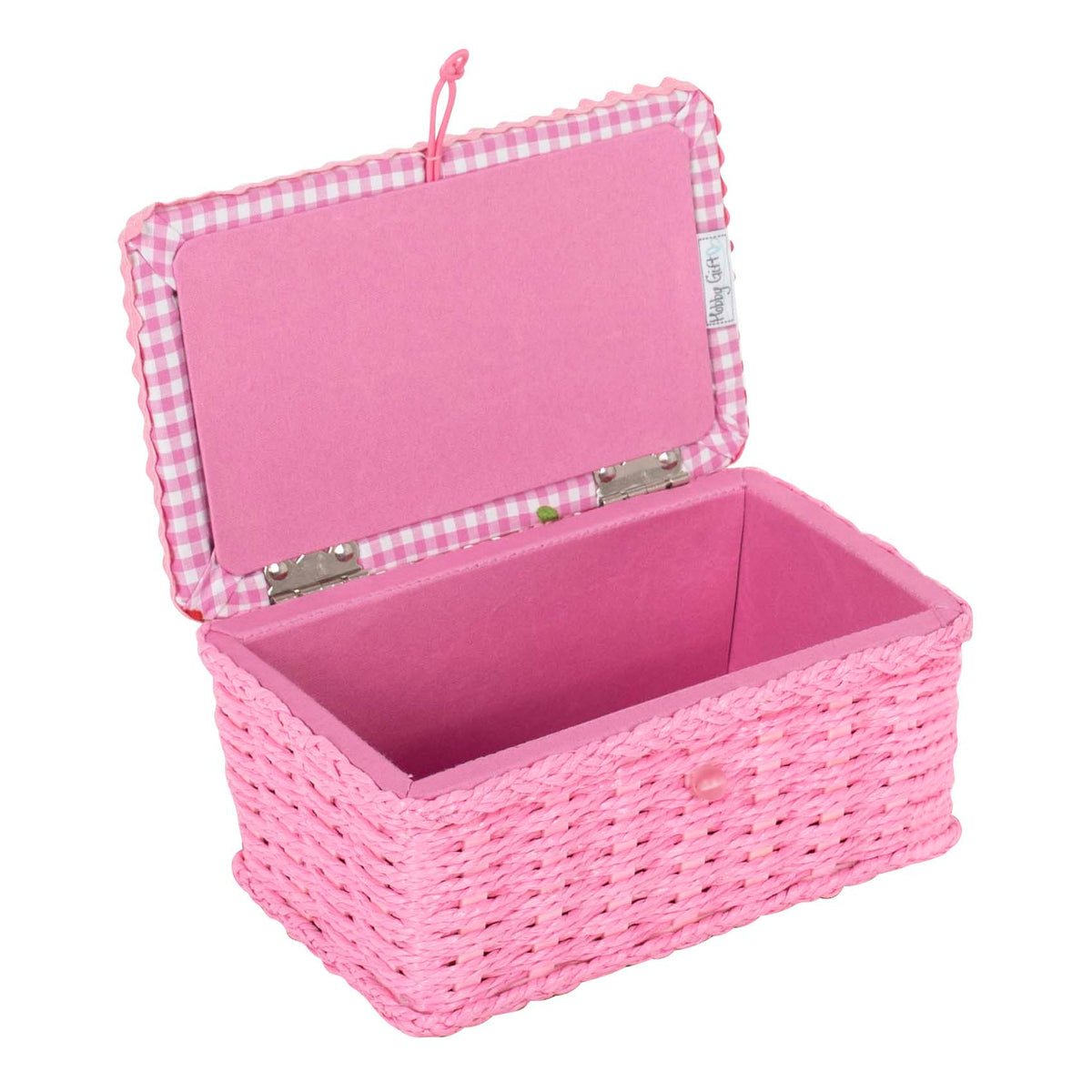 Small wicker sewing basket with gingham cherry lid