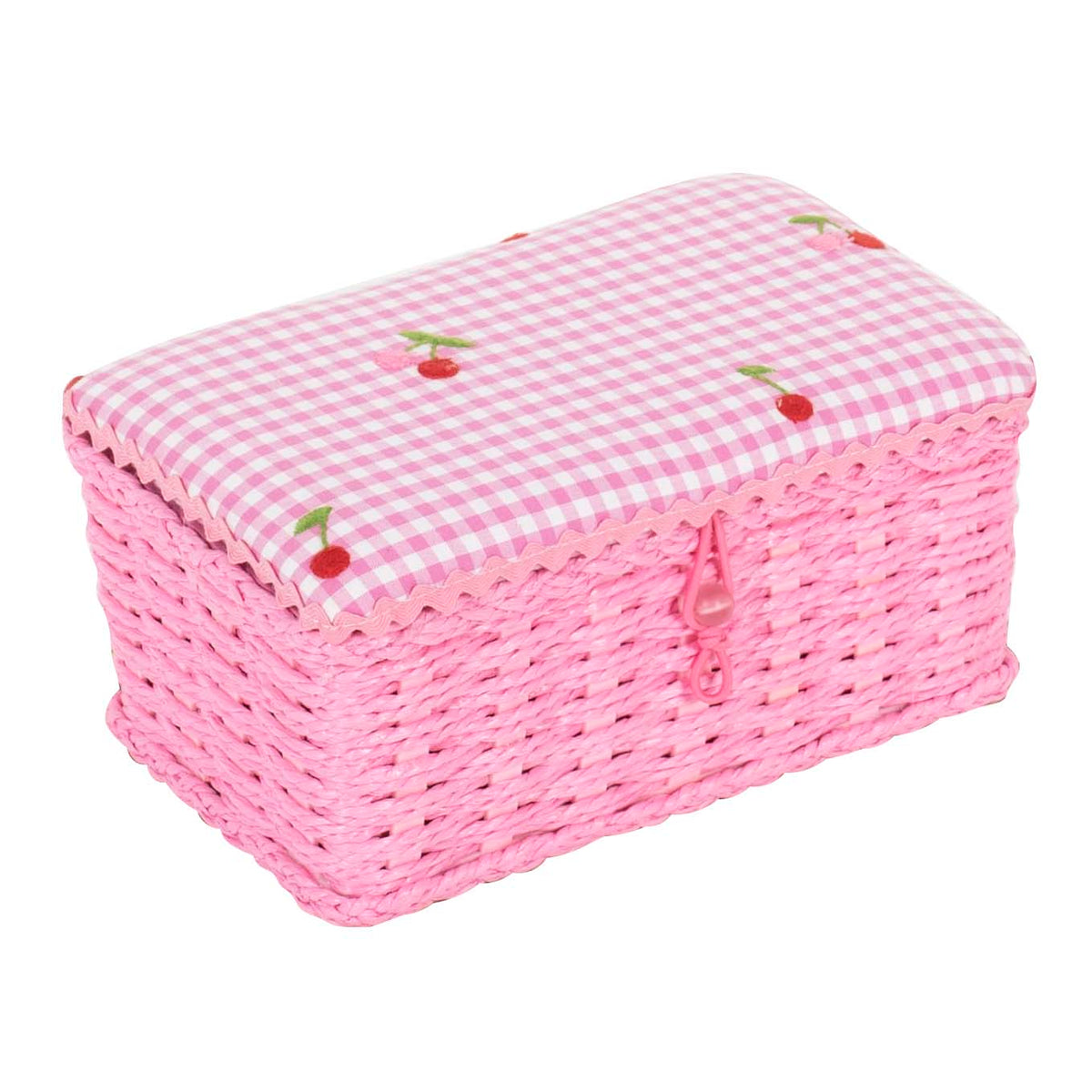 Small wicker sewing basket with gingham cherry lid