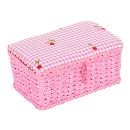 Small wicker sewing basket with gingham cherry lid