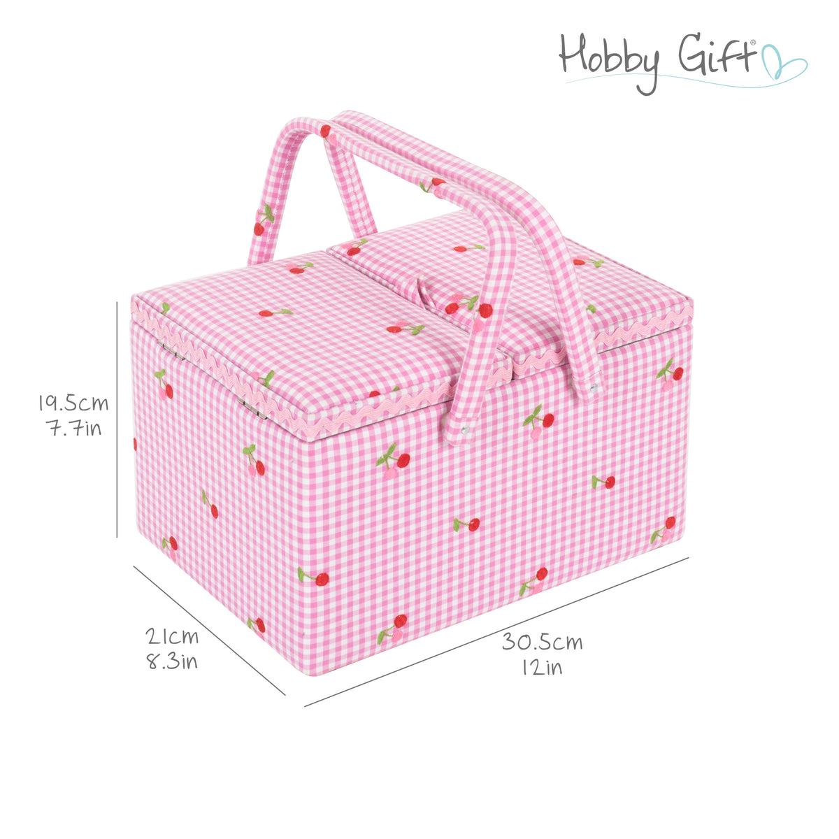 Large twin lid gingham sewing box with embroidered cherries