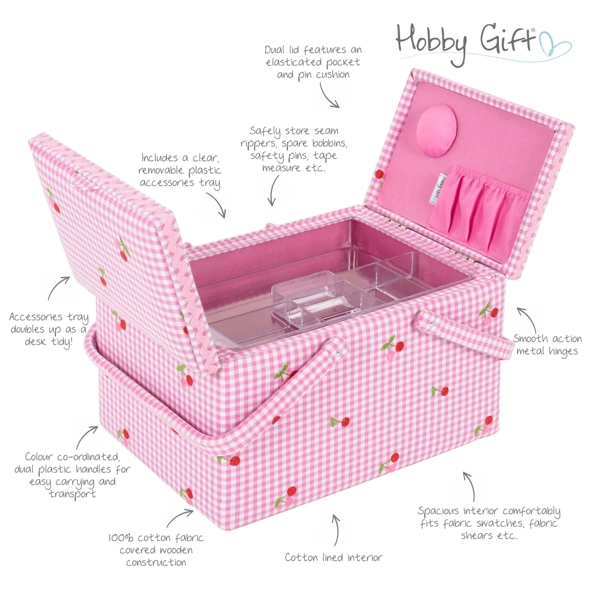 Large twin lid gingham sewing box with embroidered cherries