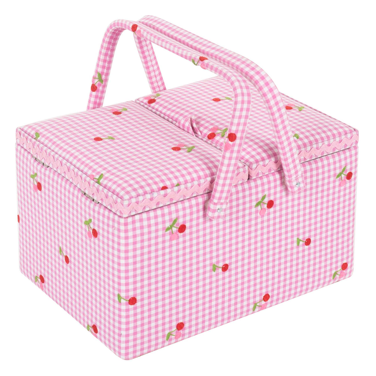 Large twin lid gingham sewing box with embroidered cherries