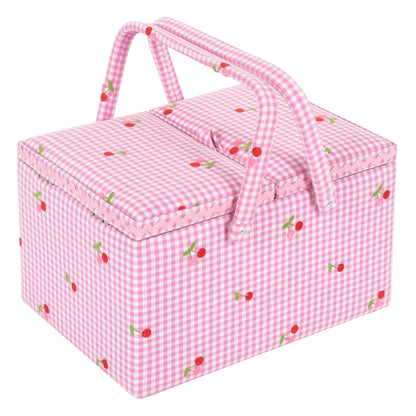 Large twin lid gingham sewing box with embroidered cherries