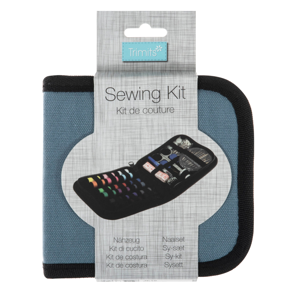 Trimits small blue zipped sewing kit case with contents