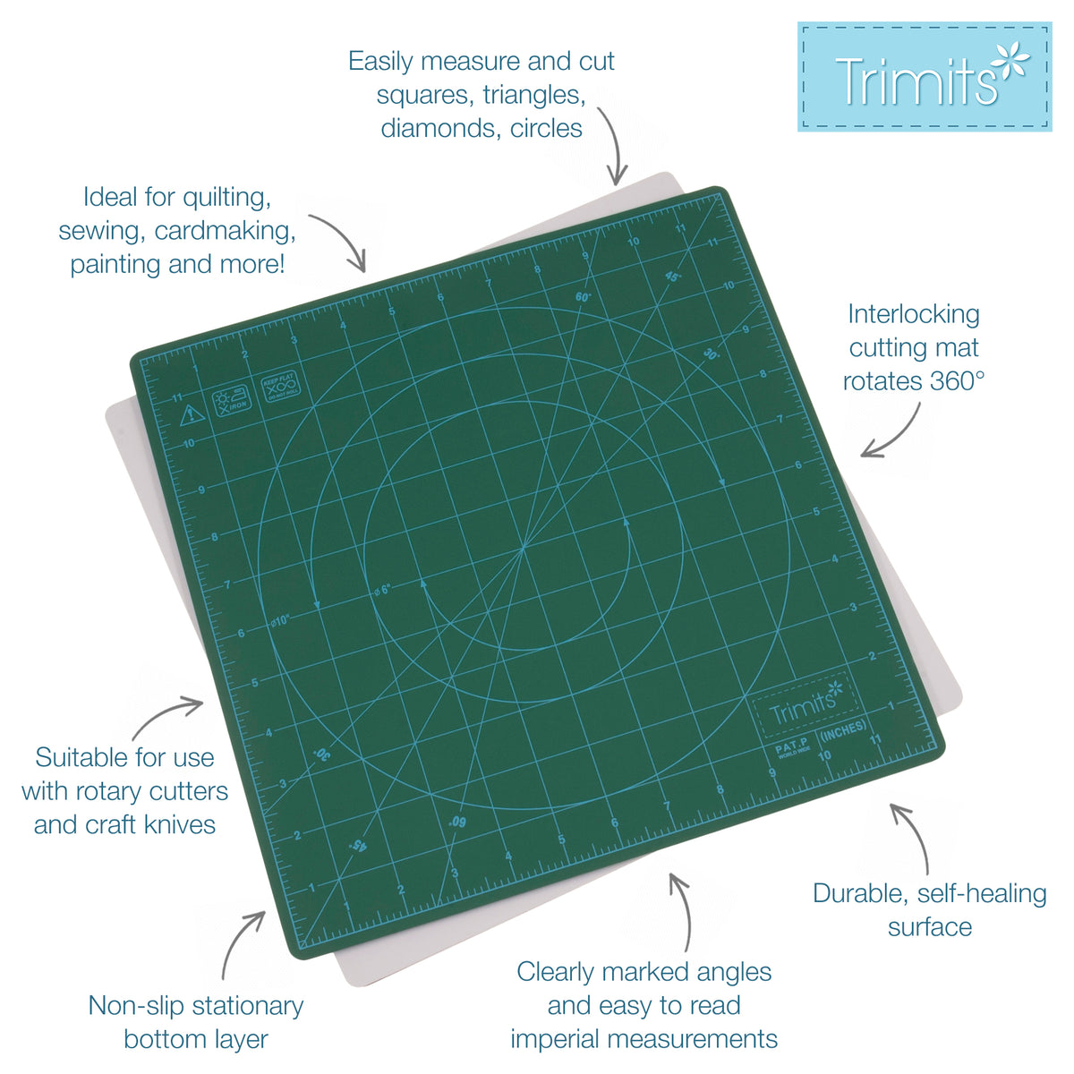 Square rotating self-healing cutting mat with measurement markings