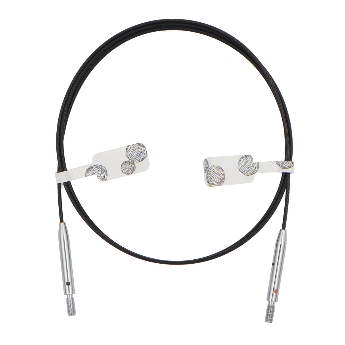Coiled black knitting needle cable with metal swivel ends
