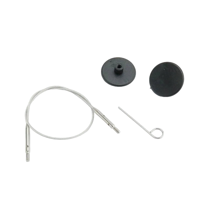 Transparent KnitPro Glidex interchangeable knitting cable, coiled