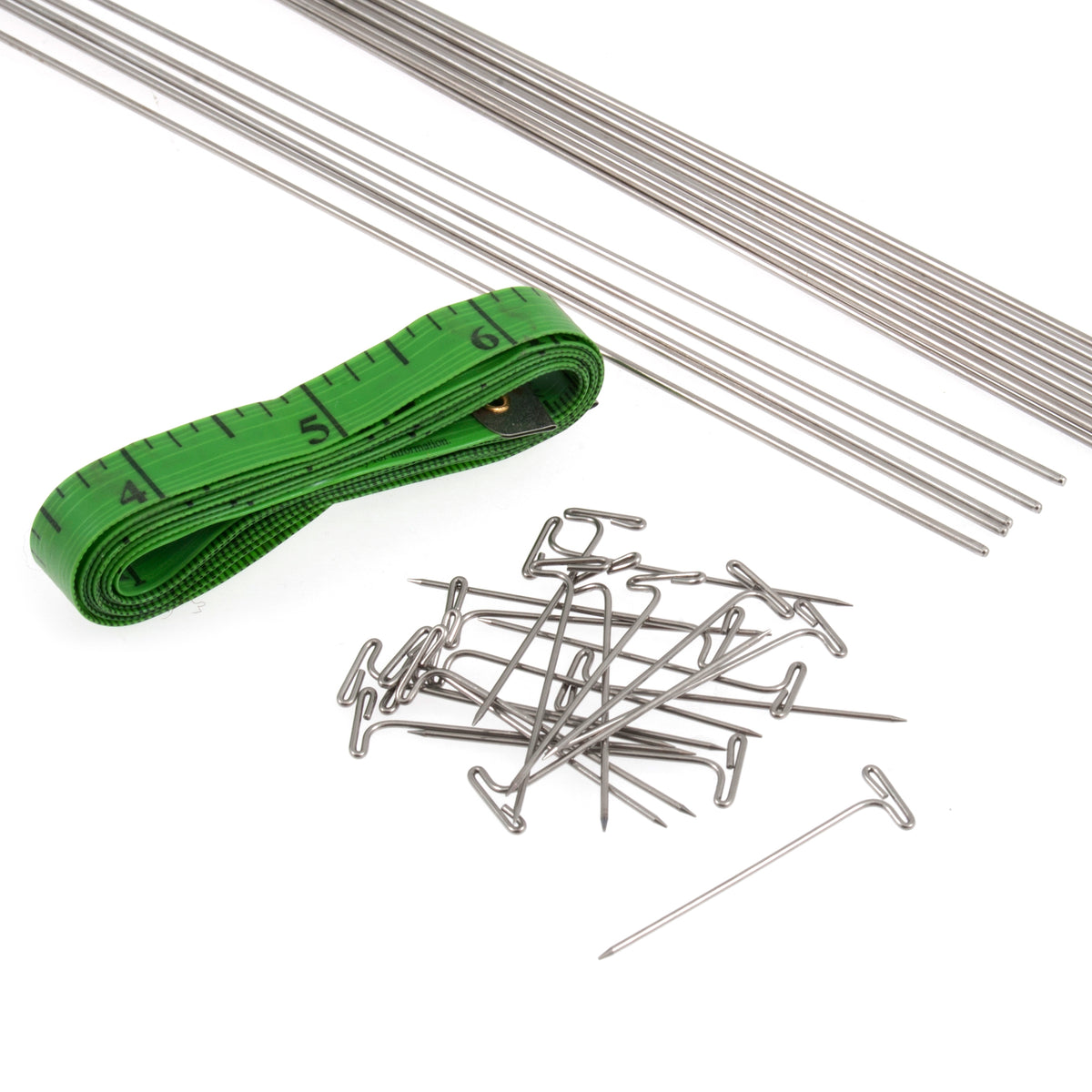 Steel blocking wires, green tape measure and T-pins
