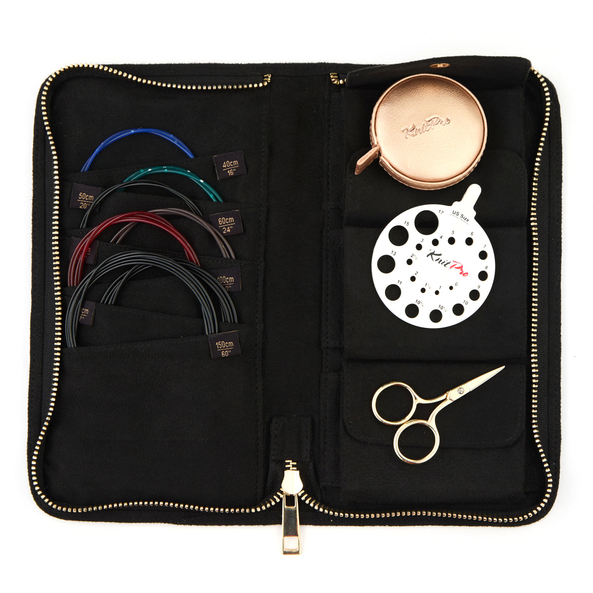 KnitPro black faux suede zipped cable case