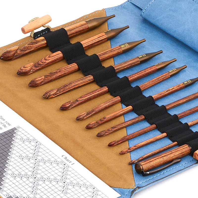 KnitPro Ginger interchangeable Tunisian crochet hook set in a denim and beige case