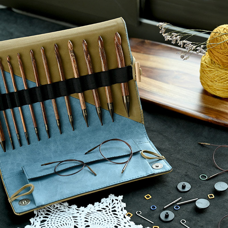 KnitPro Ginger interchangeable Tunisian crochet hook set in a denim and beige case