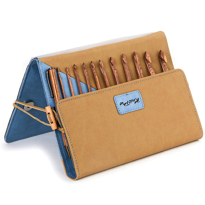 KnitPro Ginger interchangeable Tunisian crochet hook set in a denim and beige case