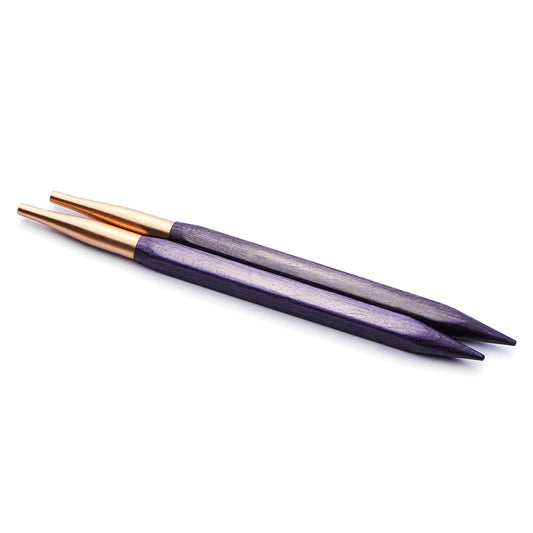 Pair of purple square KnitPro Cubics interchangeable knitting needle tips with metal connectors, 6.50mm