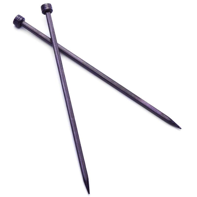 Pair of purple square KnitPro Cubics single pointed wooden knitting needles, 25cm x 6.50mm