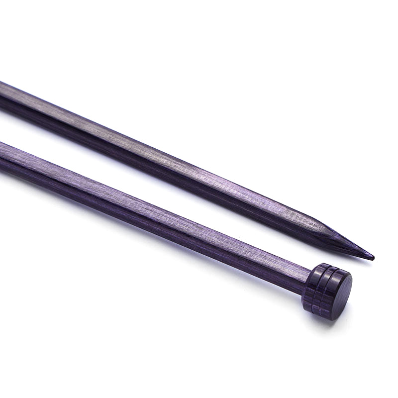 Pair of purple square KnitPro Cubics single pointed wooden knitting needles, 25cm x 6.50mm