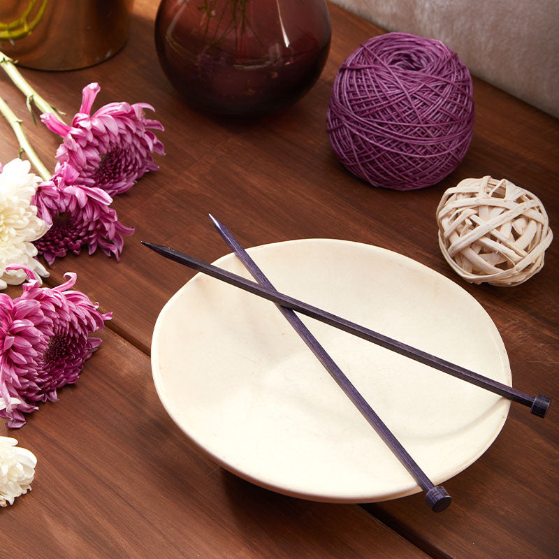 Pair of purple square KnitPro Cubics single pointed wooden knitting needles, 35cm x 4.00mm