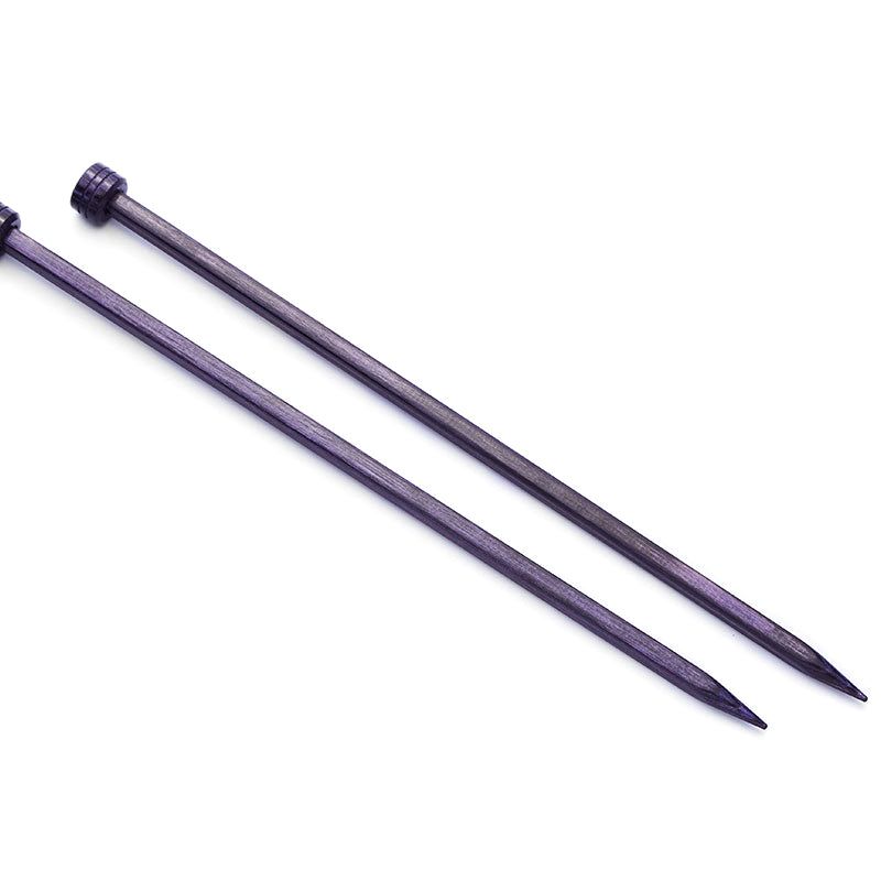 Pair of purple square KnitPro Cubics single pointed wooden knitting needles, 35cm x 4.00mm
