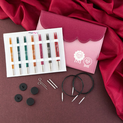 KnitPro Dreamz interchangeable circular needle midi set with wooden tips and cables in a fabric case