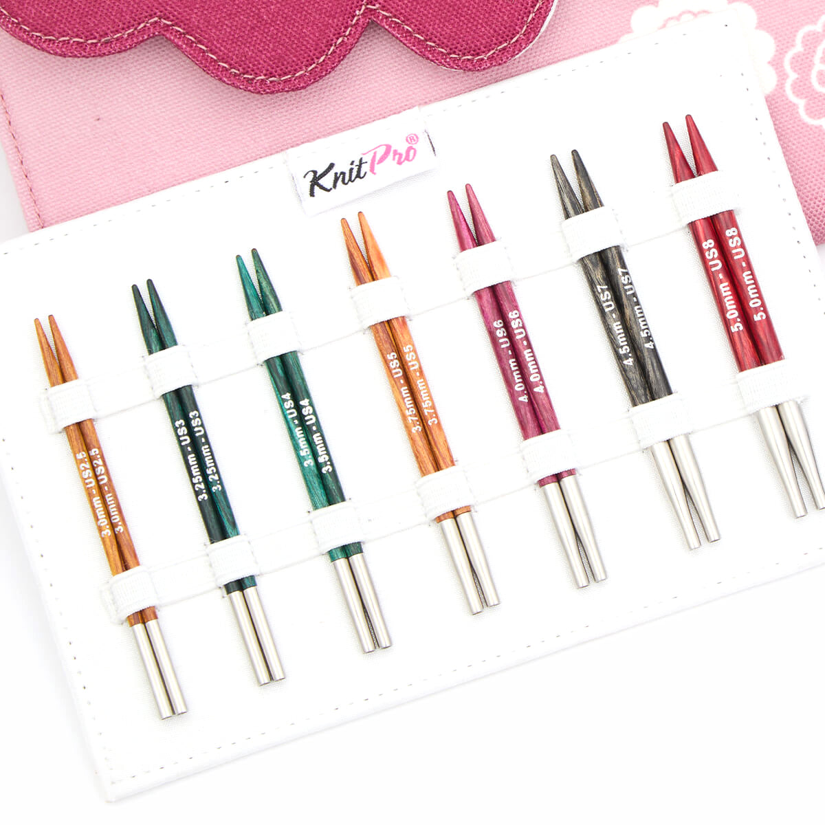 KnitPro Dreamz interchangeable circular needle midi set with wooden tips and cables in a fabric case