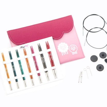 KnitPro Dreamz interchangeable circular needle midi set with wooden tips and cables in a fabric case