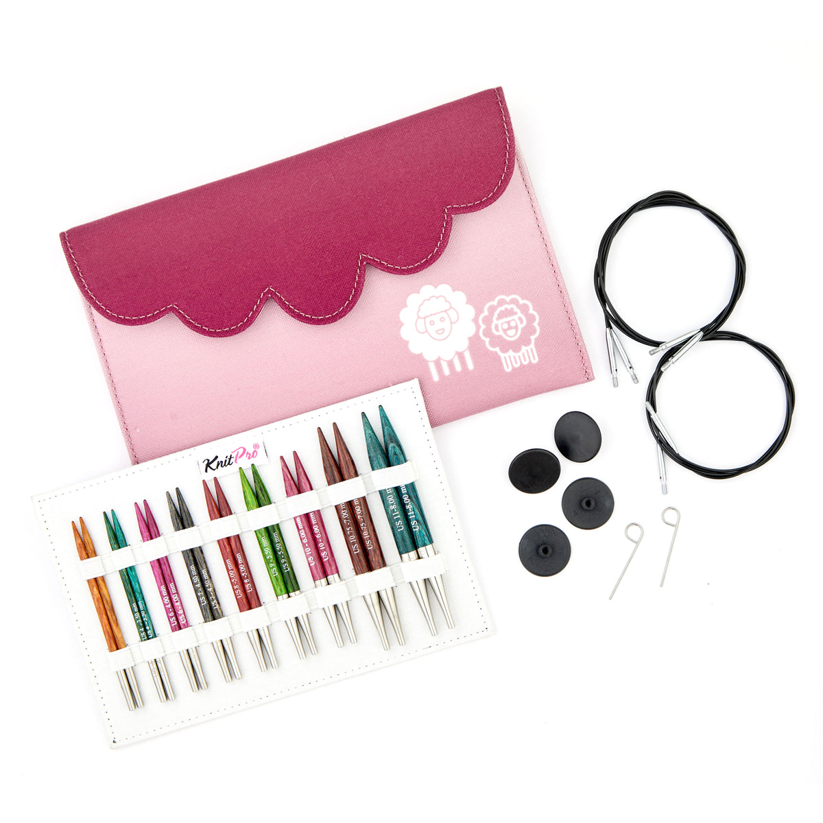 KnitPro Dreamz interchangeable circular needle deluxe set with wooden tips and cables in a fabric case