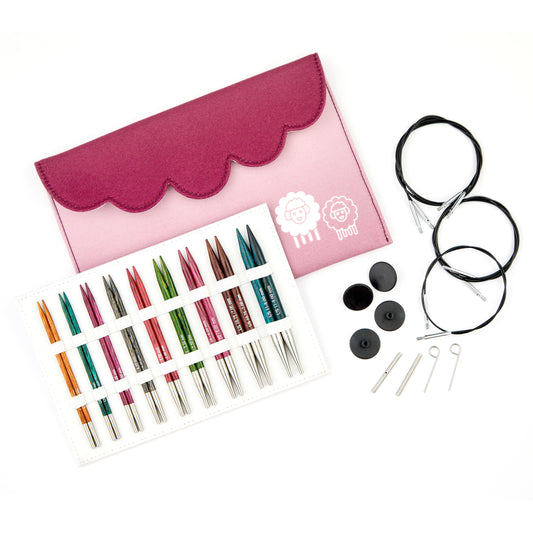 KnitPro Dreamz interchangeable circular needle deluxe set with wooden tips and cables in a fabric case