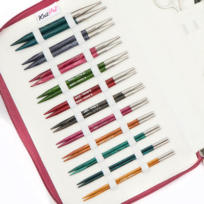 KnitPro Dreamz interchangeable circular needle regal set with wooden tips and cables in a fabric case