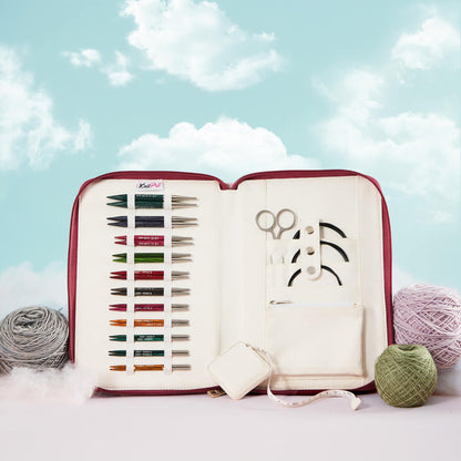KnitPro Dreamz interchangeable circular needle regal set with wooden tips and cables in a fabric case