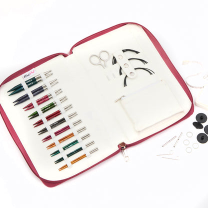 KnitPro Dreamz interchangeable circular needle regal set with wooden tips and cables in a fabric case