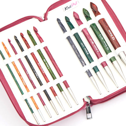 KnitPro Dreamz Grande interchangeable Tunisian crochet hook set in Bordeaux fabric case