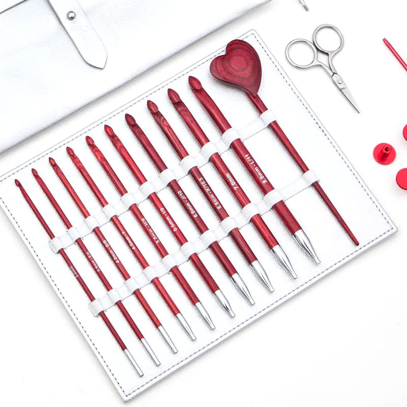 KnitPro Amore interchangeable Tunisian crochet hook set laid out in its case