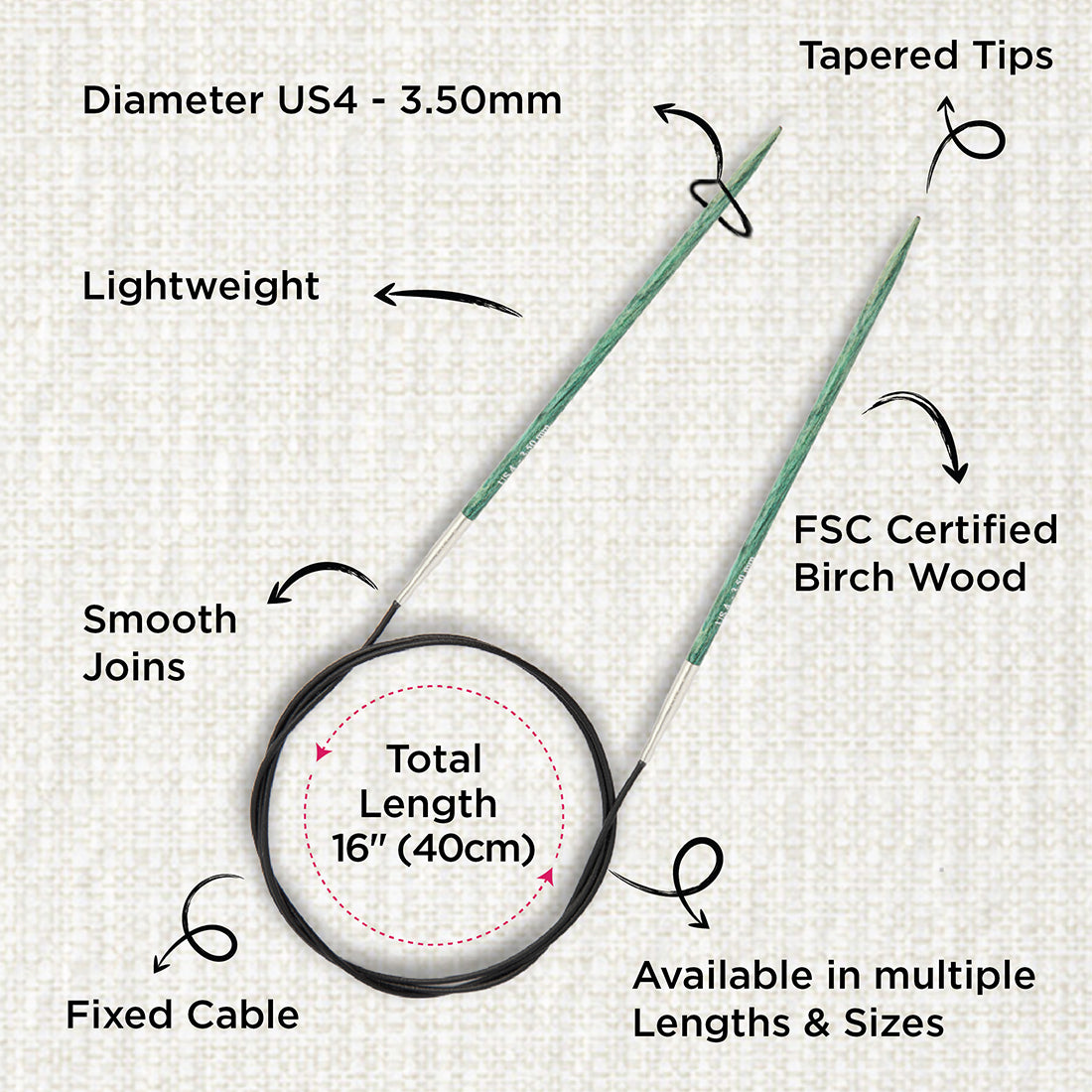KnitPro Dreamz 3.5mm birch wood fixed circular knitting needle with 40cm cable