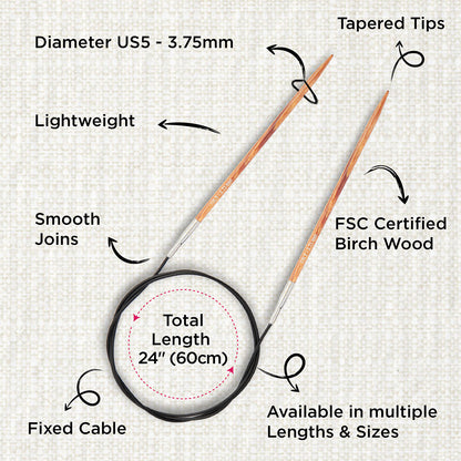 KnitPro Dreamz 3.75mm birch wood fixed circular knitting needle with 60cm cable