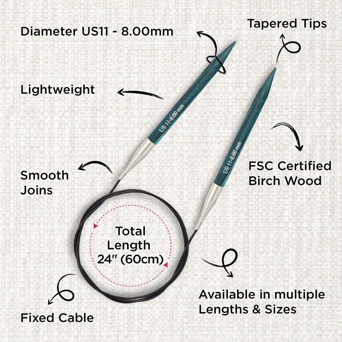 KnitPro Dreamz 8mm birch wood fixed circular knitting needle with 60cm cable