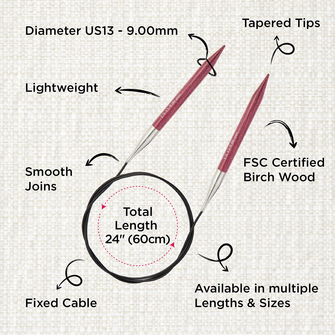 KnitPro Dreamz 9mm birch wood fixed circular knitting needle with 60cm cable
