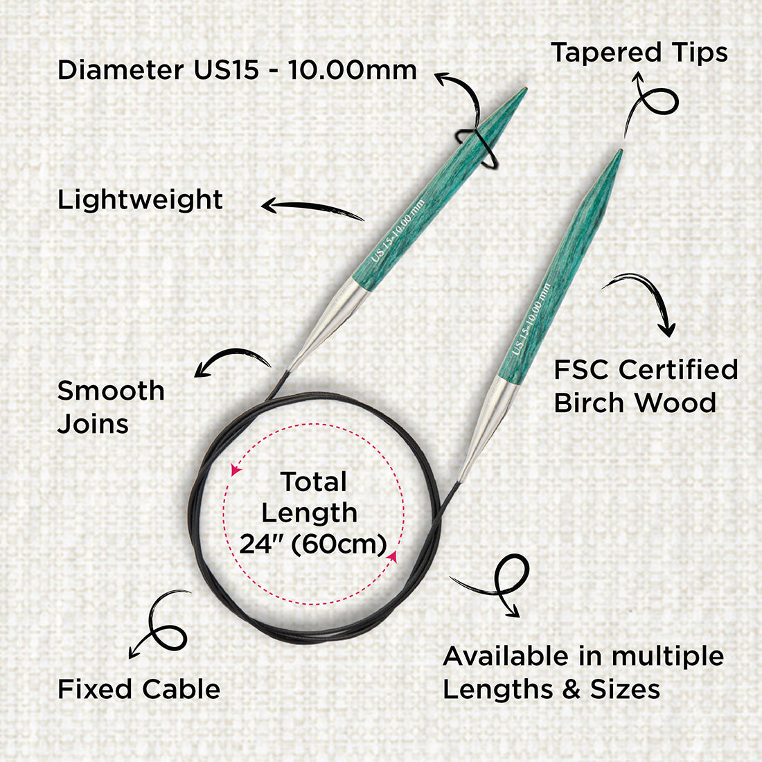 KnitPro Dreamz 10mm birch wood fixed circular knitting needle with 60cm cable