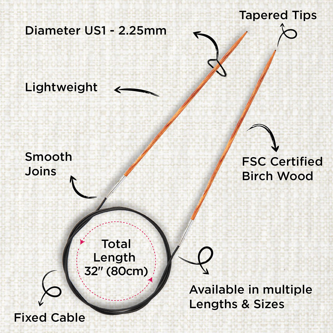 KnitPro Dreamz 2.25mm birch wood fixed circular knitting needle with 80cm cable