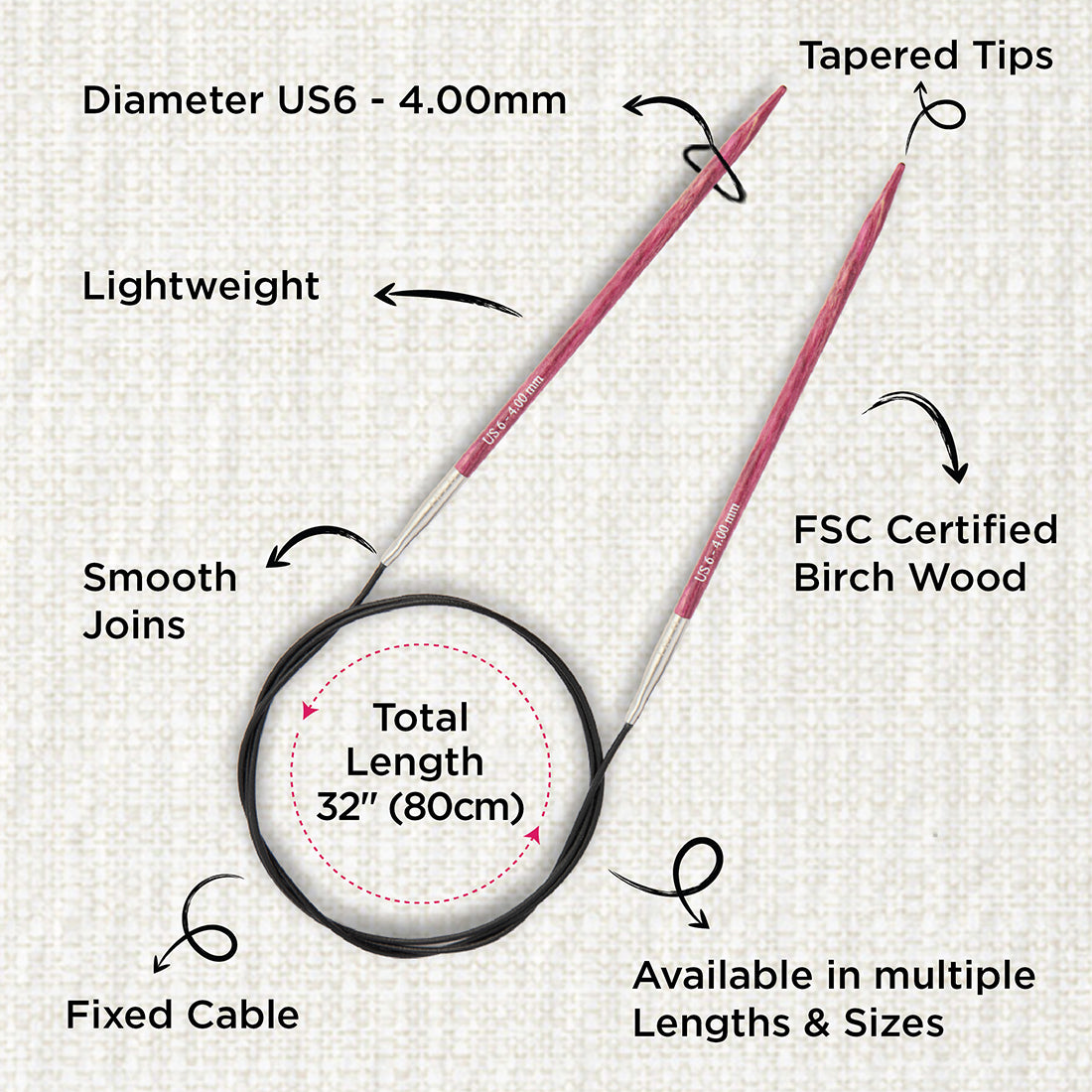 KnitPro Dreamz 4mm fixed circular knitting needle with birch wood tips and 80cm cable