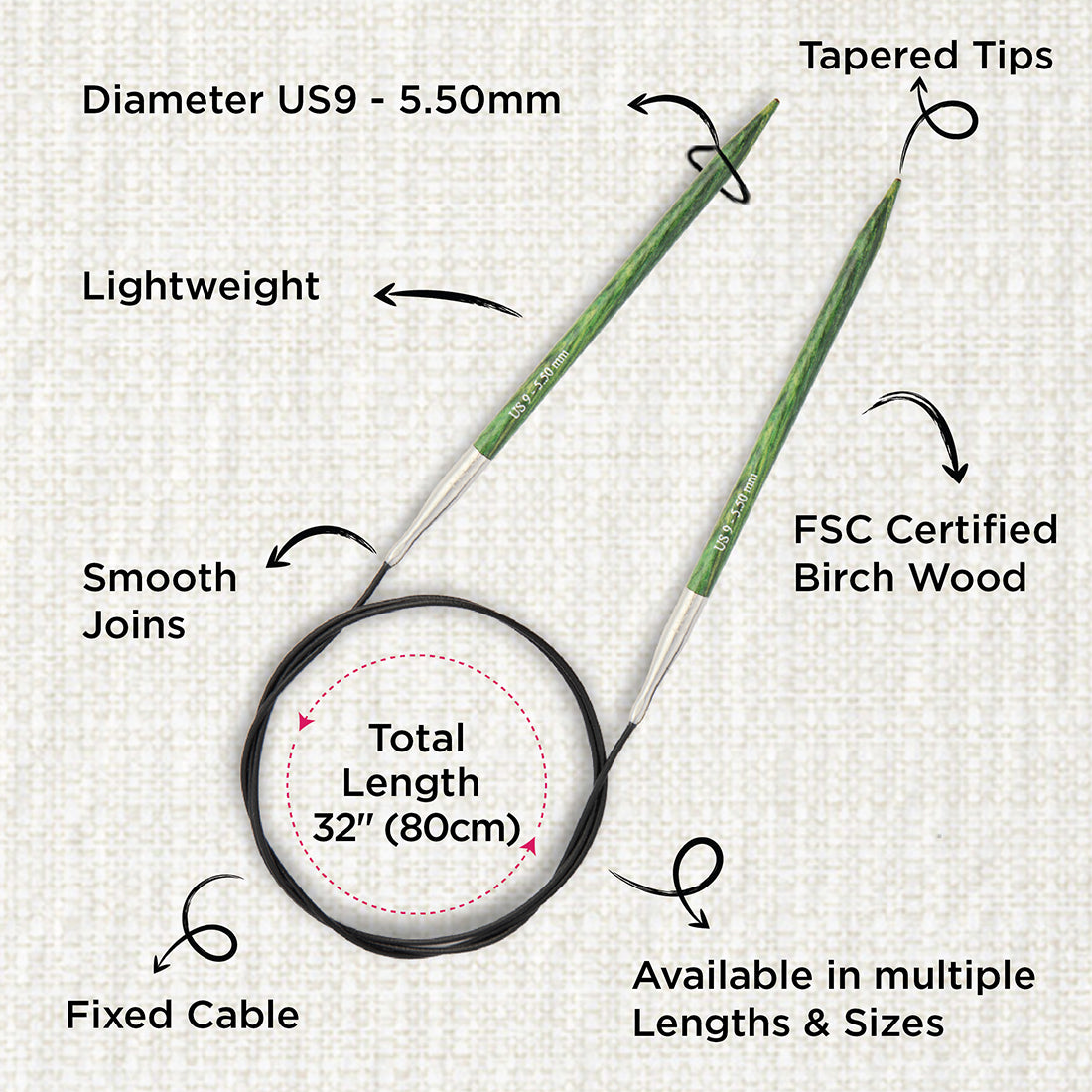 KnitPro Dreamz 5.5mm fixed circular knitting needle with birch wood tips and 80cm cable