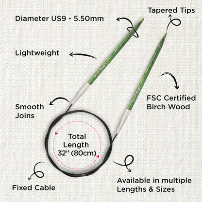 KnitPro Dreamz 5.5mm fixed circular knitting needle with birch wood tips and 80cm cable