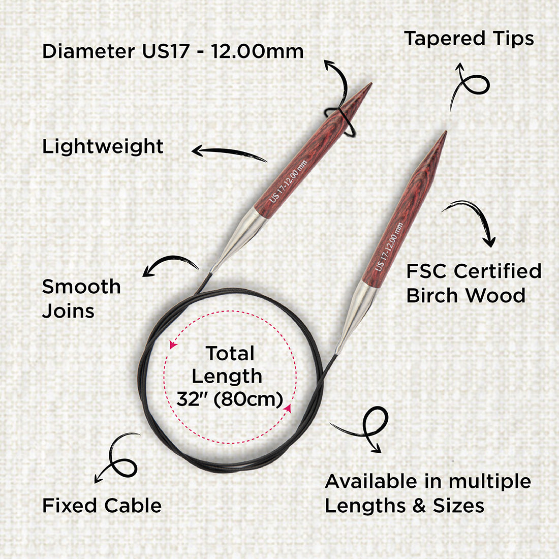 KnitPro Dreamz 12mm fixed circular knitting needle with birch wood tips and 80cm cable