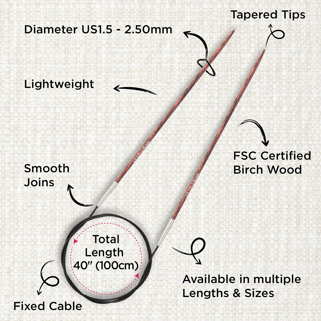 KnitPro Dreamz 2.5mm fixed circular knitting needle with birch wood tips and 100cm cable