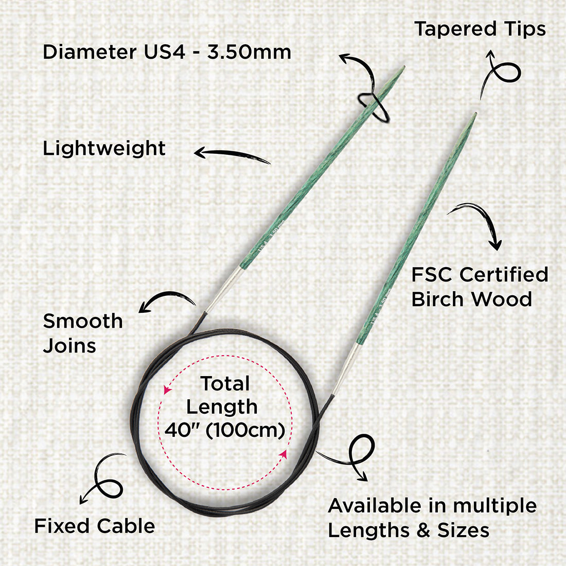 KnitPro Dreamz 3.5mm fixed circular knitting needle with birch wood tips and 100cm cable