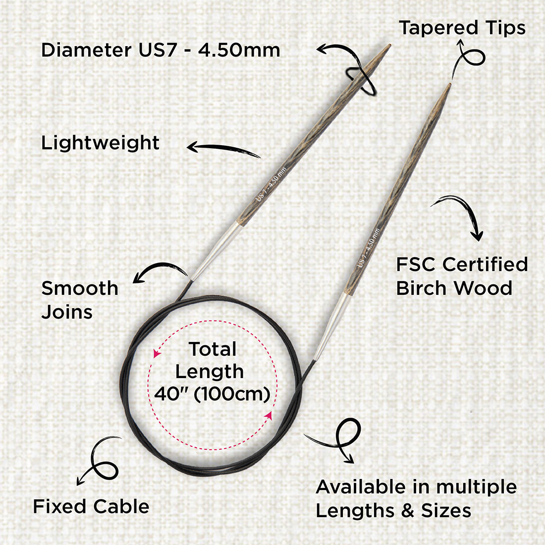 KnitPro Dreamz 4.5mm fixed circular knitting needle with birch wood tips and 100cm cable