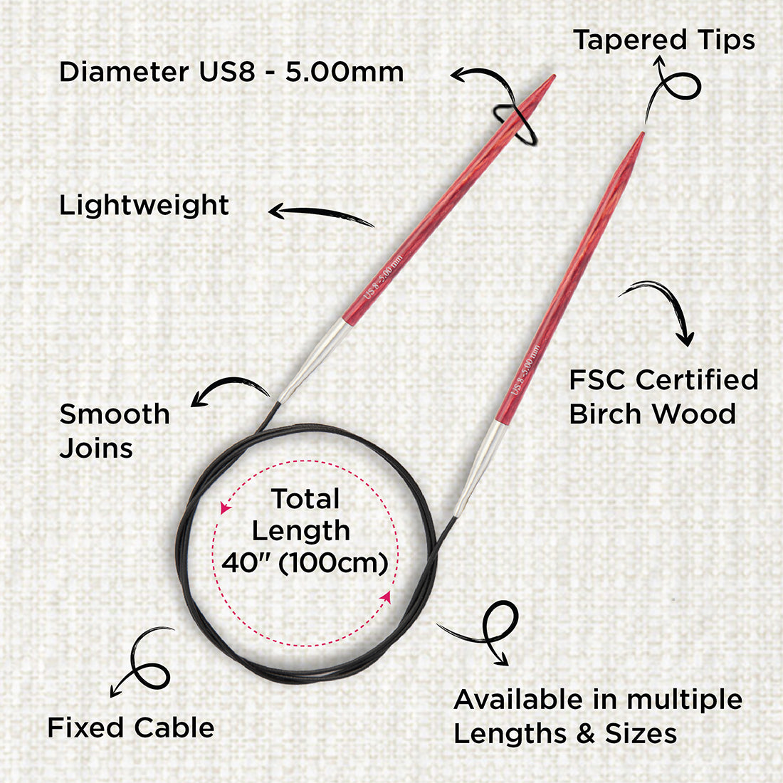 KnitPro Dreamz 5mm fixed circular knitting needle with birch wood tips and 100cm cable